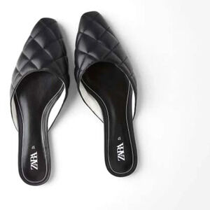Zara Quilted Vegan Leather Flat Mules Shoes  Black Size 7.5